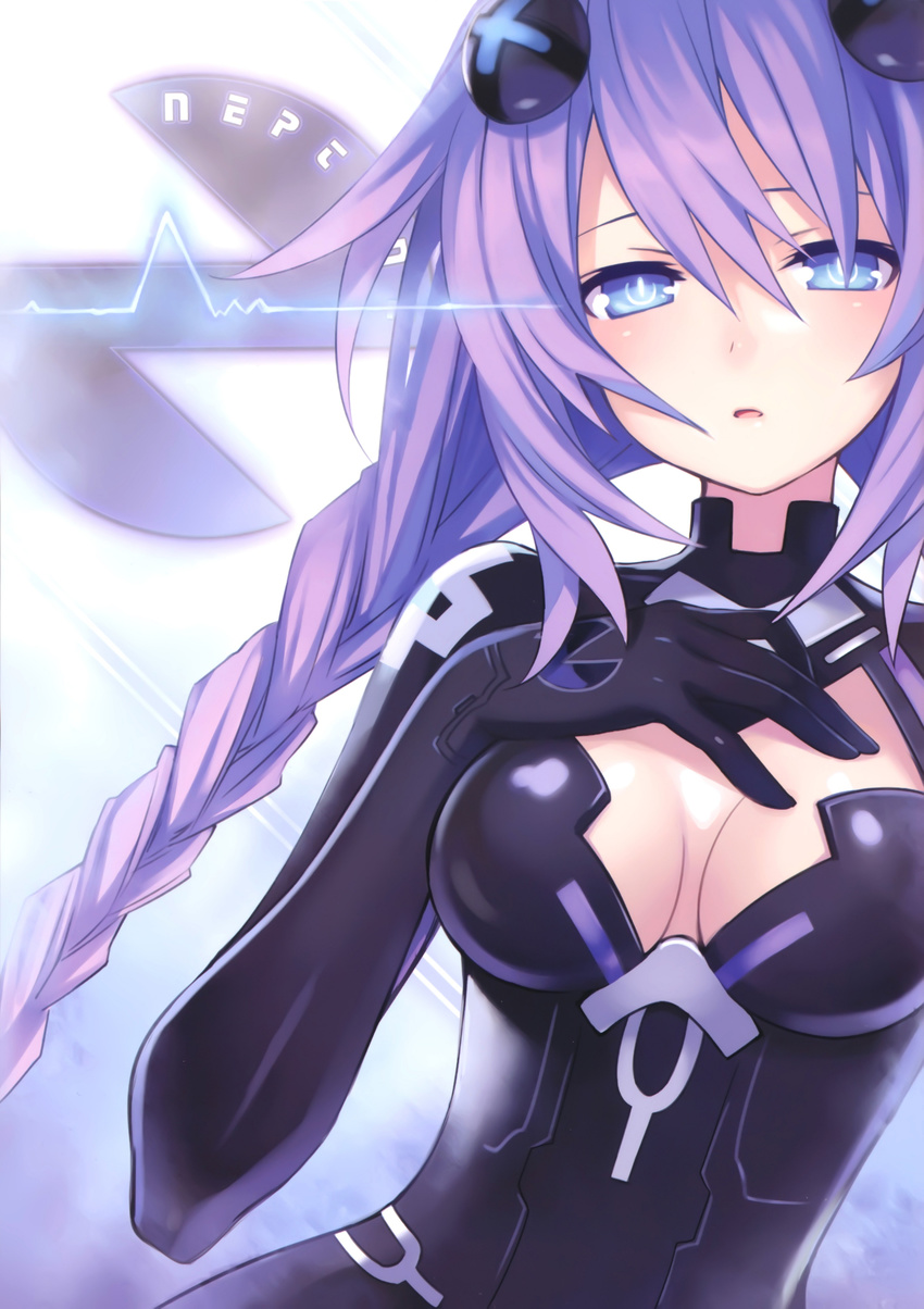 absurdres bangs blue_eyes blush braid breasts breasts_apart bright_pupils choujigen_game_neptune cleavage cleavage_cutout electricity emblem english gloves hair_between_eyes hair_ornament hand_on_own_chest highres hips leotard long_hair looking_at_viewer magical_girl medium_breasts neptune_(series) official_art open_mouth power_symbol purple_hair purple_heart scan sidelocks single_braid solo symbol-shaped_pupils tsunako turtleneck upper_body very_long_hair