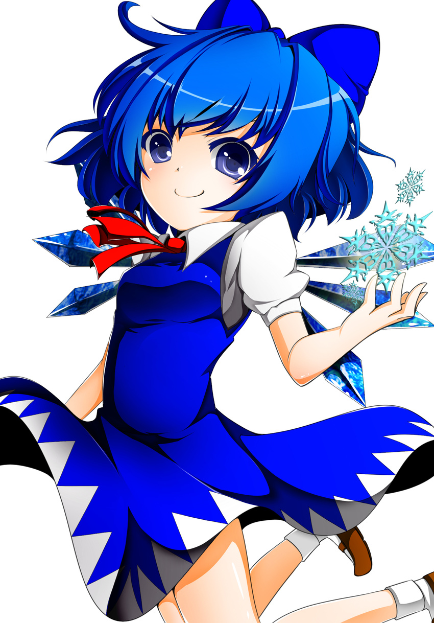 abuto5523 ankle_socks blue_eyes blue_hair bow cirno dress hair_bow hand_up highres legs_folded looking_at_viewer mary_janes open_hand ribbon shoes short_hair short_sleeves simple_background smile snowflakes solo touhou white_background wings