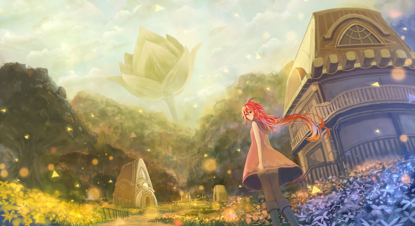 boots bou_nin building clouds dress flowers grass landscape leaves long_hair original red_hair scenic sky thighhighs tree