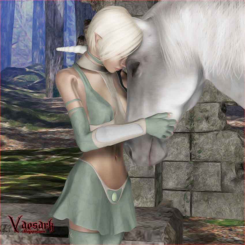 blonde_hair elf equine female hair horn horse human male mammal tender unicorn vaesark