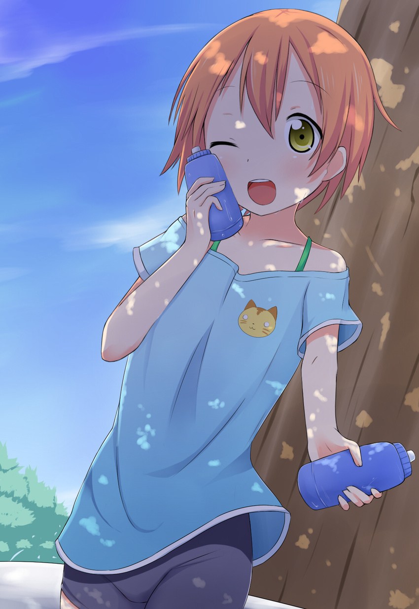 ;d animal_print bare_shoulders bike_shorts blue_sky bottle bra brown_hair can_to_cheek cat_print cloud collarbone commentary_request dappled_sunlight day green_bra highres hoshizora_rin looking_at_viewer love_live! love_live!_school_idol_project makuran off_shoulder one_eye_closed open_mouth outstretched_arm outstretched_hand shirt short_sleeves sky smile soda solo sunlight t-shirt tree underwear yellow_eyes