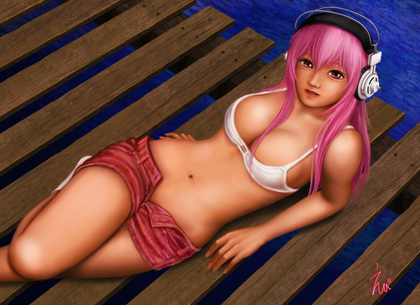 arm_support bra breasts cleavage ebi_(eeotoko) headphones highres large_breasts lips long_hair looking_at_viewer lying midriff navel nitroplus nose on_side open_fly parted_lips pier pink_eyes pink_hair short_shorts shorts socks solo super_sonico underwear unzipped water