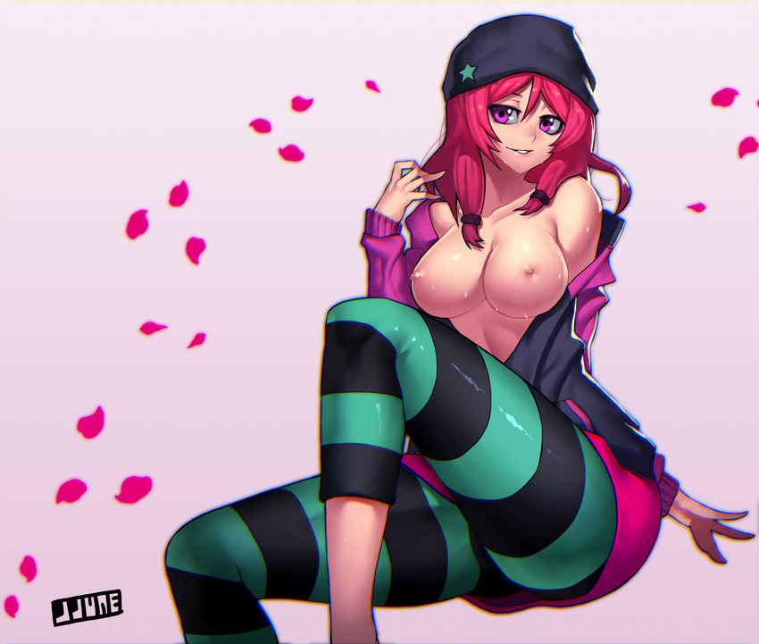 bad_id bad_pixiv_id bare_shoulders beanie breasts breasts_outside cleavage collarbone colored_stripes hand_in_hair hat highres jacket jjune large_breasts long_hair long_sleeves looking_at_viewer love_live! love_live!_school_idol_project miniskirt nipples nishikino_maki off_shoulder open_clothes open_jacket pantyhose petals pink_background pink_eyes pink_hair simple_background sitting skirt smile solo star striped striped_legwear track_jacket