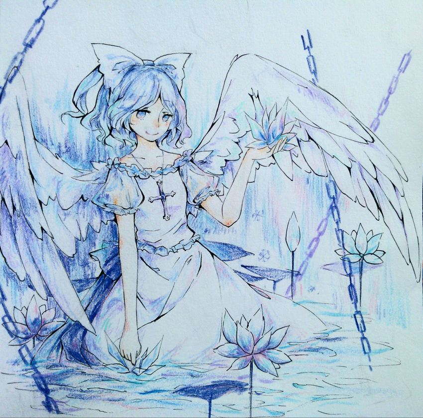 angel_wings arm_up blue_hair bow chain colored_pencil colored_pencil_(medium) cross dress flower hair_bow highres jewelry kneeling looking_at_viewer mai_(touhou) necklace open_hand pencil ponytail puffy_short_sleeves puffy_sleeves short_hair short_sleeves smile solo touhou touhou_(pc-98) traditional_media wading wings yorktown_cv-5