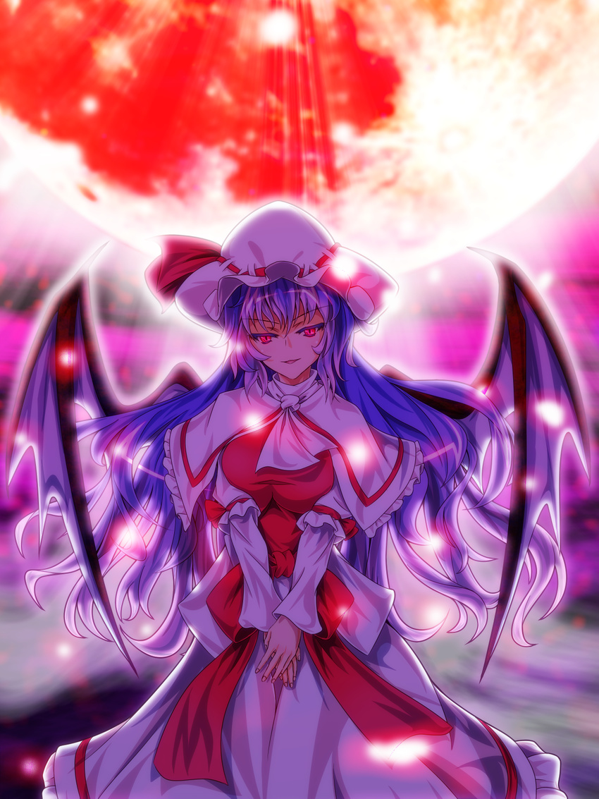 alternate_breast_size alternate_hair_length alternate_hairstyle breasts capelet curiosities_of_lotus_asia hat highres large_breasts long_hair mob_cap moon older open_mouth purple_hair red_eyes red_moon remilia_scarlet touhou wings zephid