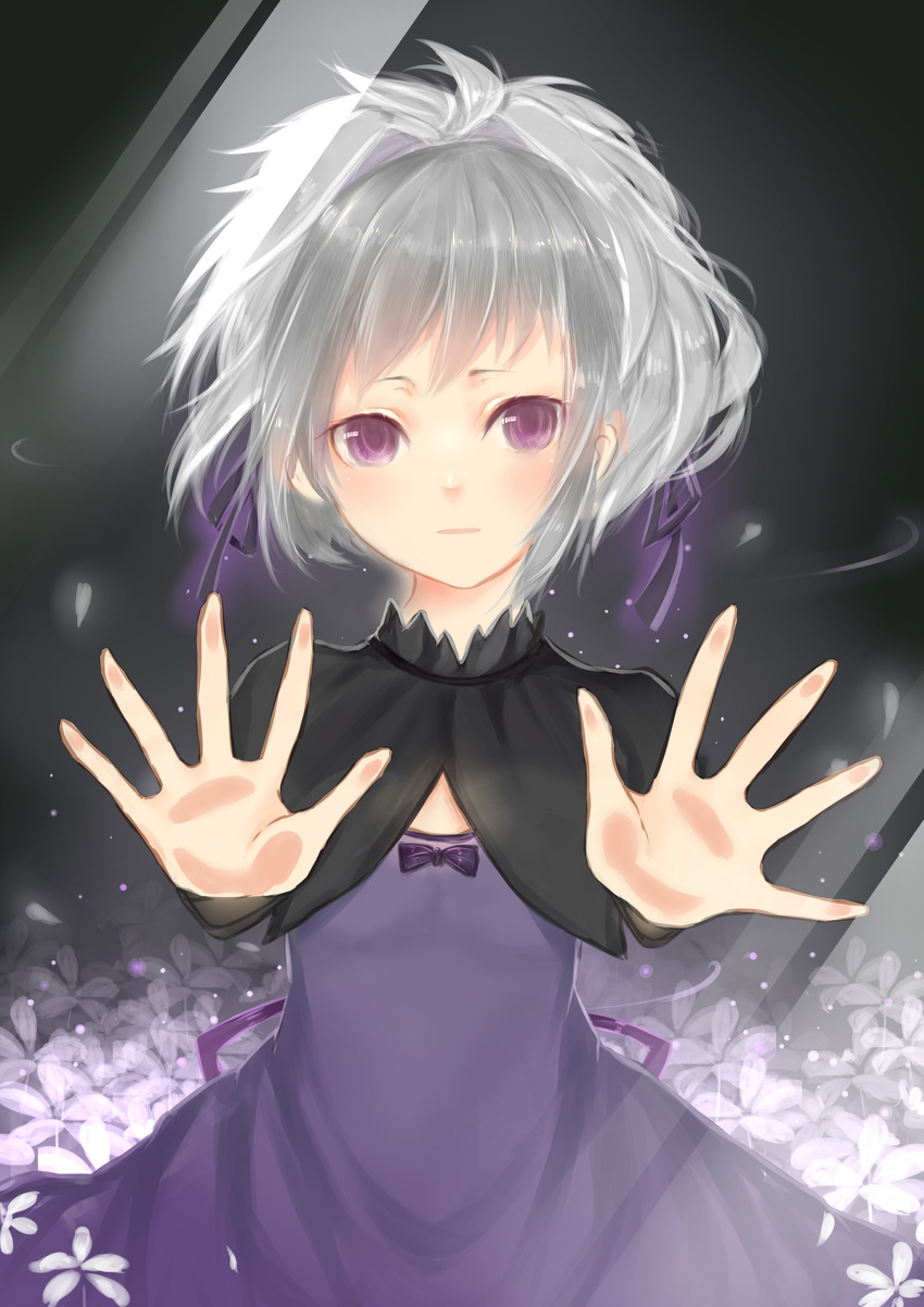 absurdres darker_than_black dress flower highres lu_(tabasa1991) purple_dress purple_eyes silver_hair solo yin