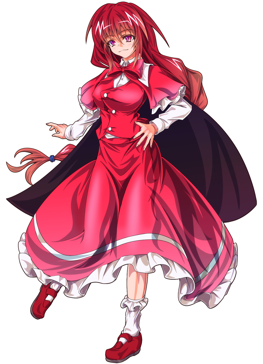 cape full_body hand_on_hip highres long_hair okazaki_yumemi pink_eyes ponytail red_hair solo tachi-e touhou touhou_(pc-98) transparent_background very_long_hair zephid