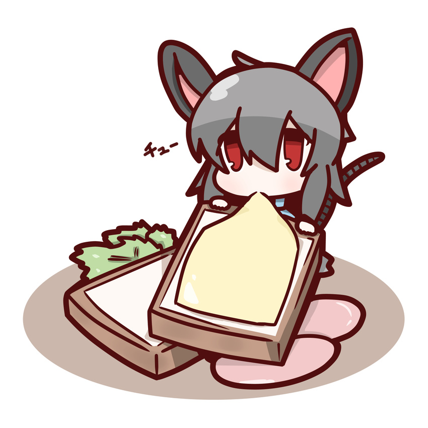 animal_ears bread cheese chibi eating food grey_hair highres minigirl mouse_ears mouse_tail nazrin nuu_(nu-nyu) red_eyes short_hair tail touhou vegetable
