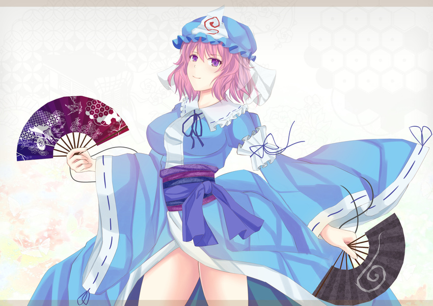 breasts dual_wielding fan folding_fan hat highres hiro0626 holding japanese_clothes large_breasts long_sleeves obi pink_eyes pink_hair ribbon saigyouji_yuyuko saigyouji_yuyuko's_fan_design sash shippou_(pattern) short_hair smile solo touhou triangular_headpiece wide_sleeves