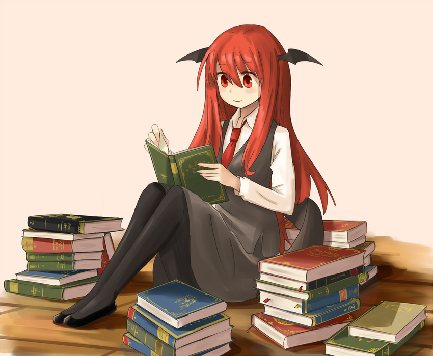 bat_wings blush book book_stack head_wings highres hinami047 holding holding_book koakuma long_hair low_wings necktie open_book reading red_eyes red_hair red_neckwear sitting smile solo touhou wings
