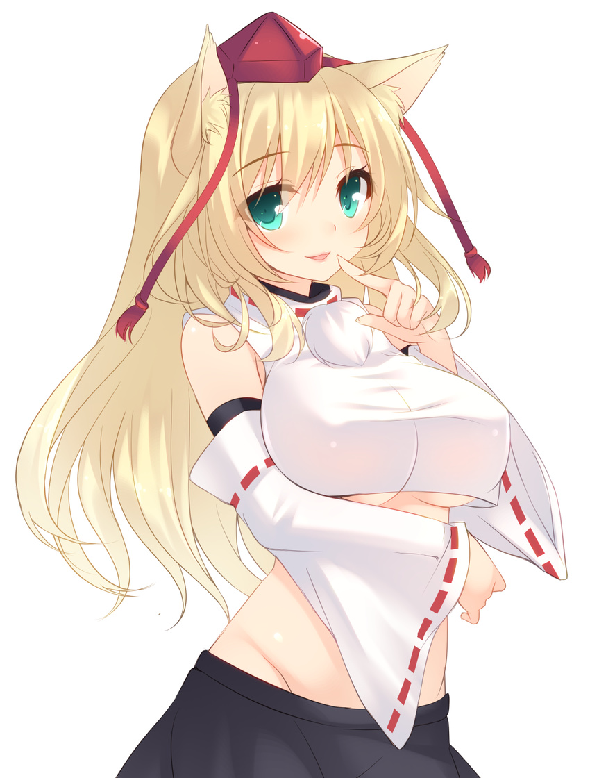 animal_ears atago_(kantai_collection) blonde_hair blush breasts cosplay detached_sleeves green_eyes hat highres inubashiri_momiji inubashiri_momiji_(cosplay) kantai_collection kemonomimi_mode large_breasts long_hair looking_at_viewer miko_92 simple_background skirt solo tokin_hat touhou underboob white_background wolf_ears