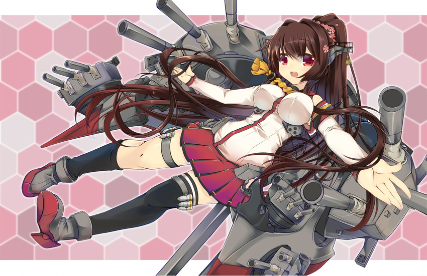 blush breasts brown_eyes brown_hair cherry_blossoms detached_sleeves flower hair_flower hair_ornament highres impossible_clothes impossible_shirt kantai_collection large_breasts long_hair looking_at_viewer miniskirt outstretched_arms ponytail sesield shirt single_thighhigh skirt smile solo spread_arms thighhighs very_long_hair yamato_(kantai_collection)