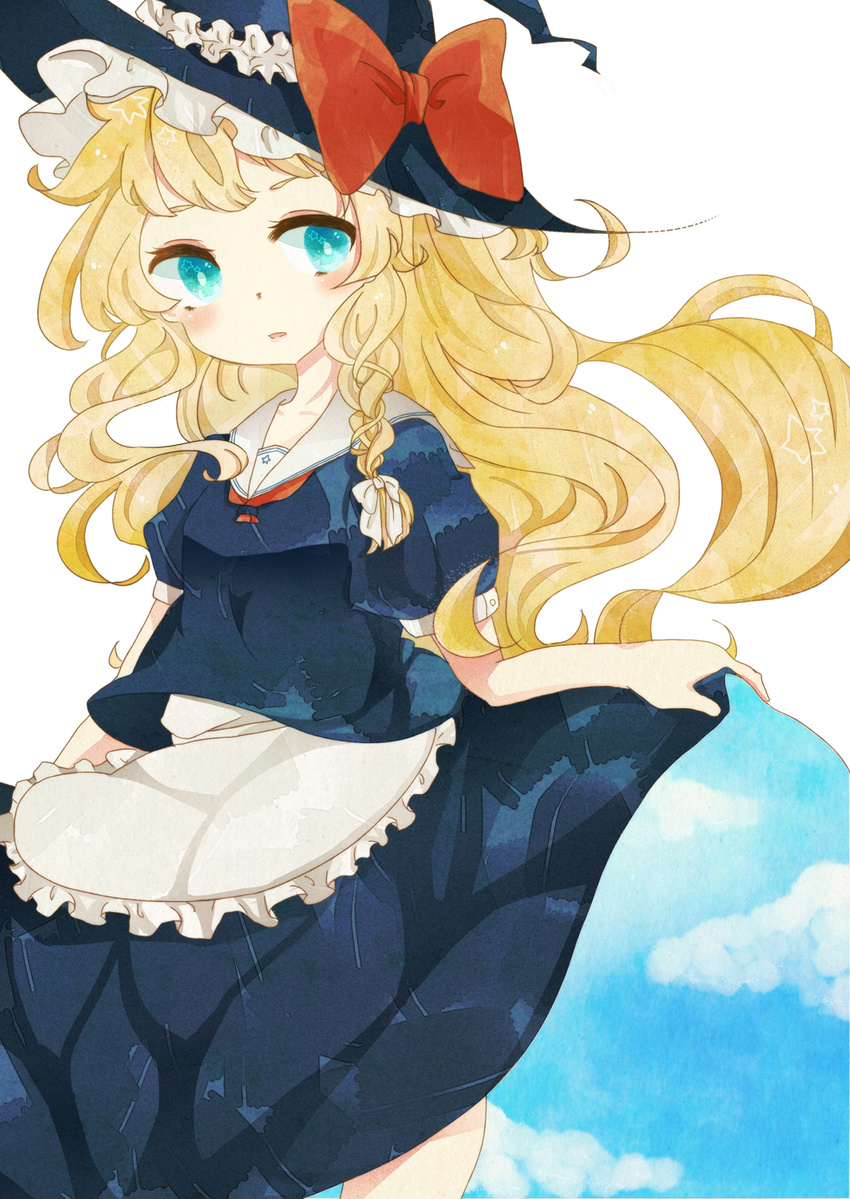 apron blonde_hair blue_eyes blue_sky bow braid cloud dress dress_lift frilled_hat frills hair_bow hat highres kirisame_marisa long_hair open_mouth red_bow ribbon short_sleeves side_braid sky solo touhou white_bow witch witch_hat yochi24