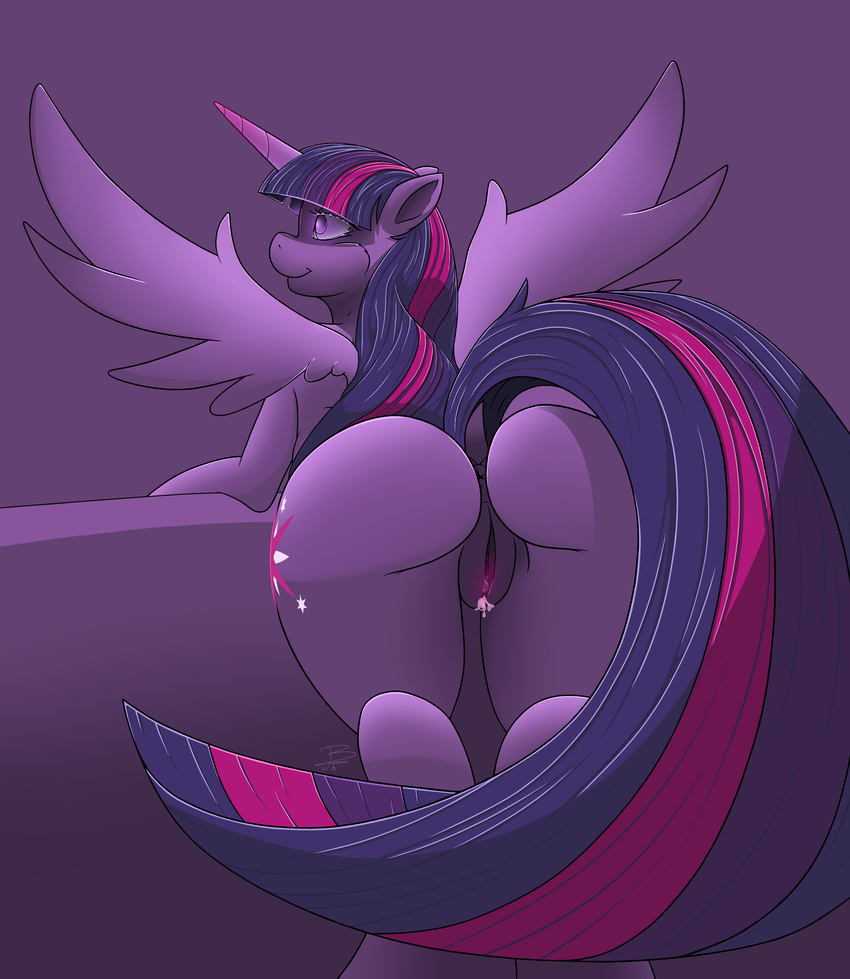 absurd_res anthro anus back_turned bent_over butt cutie_mark equine female feral friendship_is_magic fur gear_(artist) hair hi_res horn mammal my_little_pony purple_eyes purple_fur purple_hair purple_theme pussy smile solo twilight_sparkle_(mlp) winged_unicorn wings