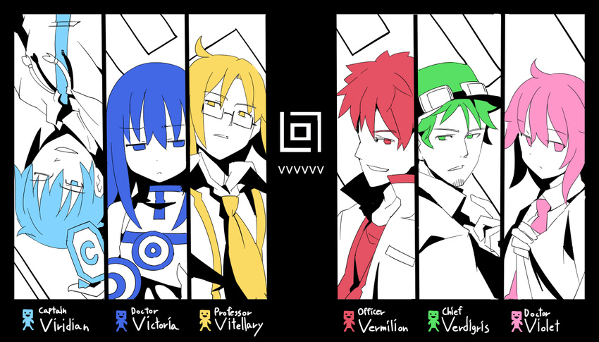 4boys ahoge aqua_eyes aqua_hair bangs blonde_hair blue_eyes blue_hair captain_viridian character_name chief_verdigris column_lineup commentary_request copyright_name doctor_victoria doctor_violet english everyone facial_hair fedora fuukadia_(narcolepsy) gameplay_mechanics glasses goatee green_eyes green_hair hat labcoat long_hair looking_at_viewer looking_away multiple_boys multiple_girls necktie officer_vermilion one_eye_closed parted_lips partially_colored personification pink_eyes pink_hair pointing pointing_at_self portrait professor_vitellary red_eyes red_hair short_hair suspenders upside-down vvvvvv yellow_eyes