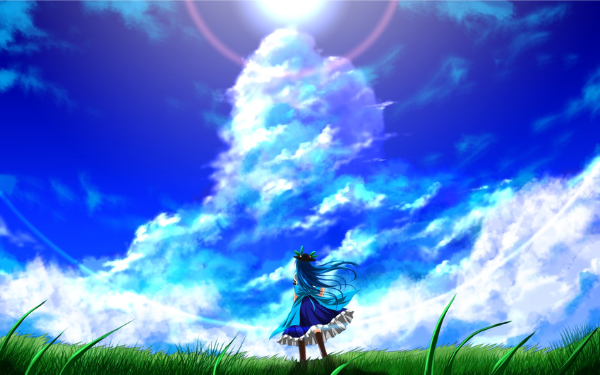 blue_hair blue_sky bow cloud day food from_behind fruit gensoukyou grass hat highres hinanawi_tenshi lens_flare long_hair nekominase outdoors peach scenery skirt sky solo standing sun sunlight touhou wallpaper