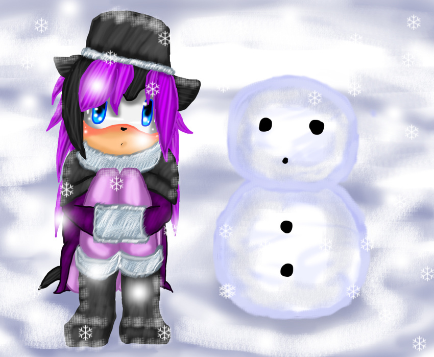 animextremex anthro black_hair black_nose blank_stare blue_eyes blush boots cub female fuzzy hair hat hedgehog looking_at_viewer mammal original_character purple_hair quills sandra_the_hedgehog snow snowing snowman solo young