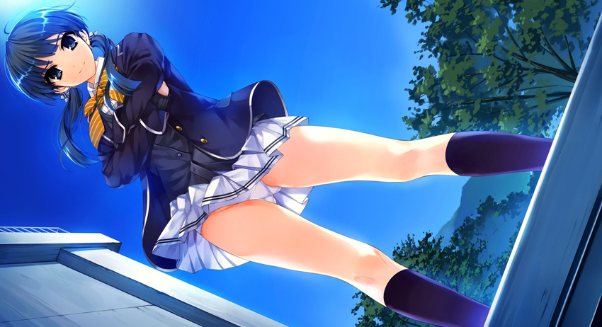 black_legwear blazer blue_eyes blue_hair crossed_arms day dutch_angle game_cg hair_ribbon hasekura_airi highres jacket kneehighs legs long_hair long_legs long_sleeves looking_at_viewer looking_down miniskirt misaki_kurehito outdoors panties pantyshot pantyshot_(standing) ribbon school_uniform skirt sky smile socks solo standing twintails underwear upskirt ushinawareta_mirai_wo_motomete white_panties wind