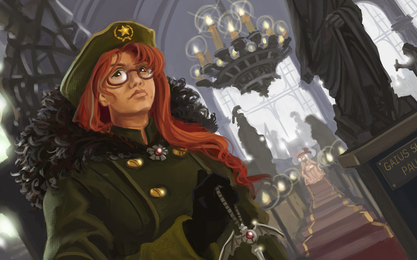 absurdres bespectacled black_gloves buttons candle candlestand chandelier church coat commentary dutch_angle emblem glasses gloves hat highres hong_meiling huge_filesize indoors long_sleeves military military_uniform multiple_girls peaked_cap red_hair remilia_scarlet star star_(sky) statue touhou u-joe uniform wax