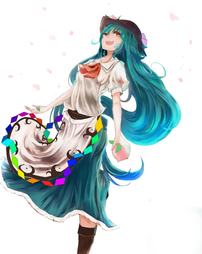 absurdres blue_hair blue_skirt boots bow dress fafas68 food fruit hat highres hinanawi_tenshi holding holding_food holding_fruit leg_up long_hair open_mouth peach petals red_eyes shirt shoes short_sleeves skirt solo touhou white_background white_shirt