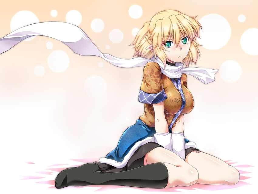 arm_warmers bad_id bad_pixiv_id blonde_hair breasts green_eyes large_breasts looking_at_viewer mizuhashi_parsee ootsuki_wataru pointy_ears scarf shirt short_sleeves sitting skirt solo tears touhou v_arms wariza wind