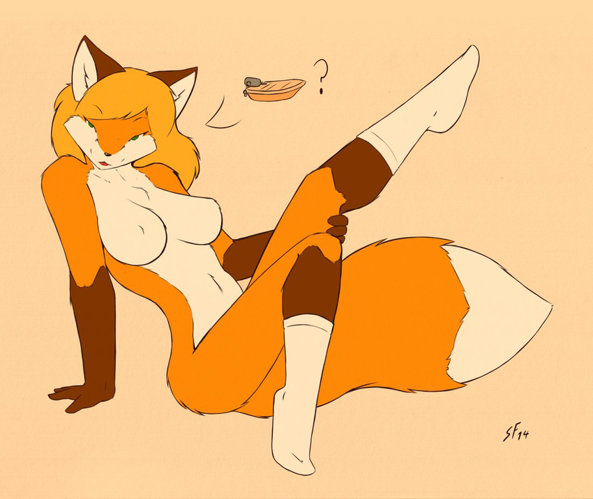 big_breasts blonde_hair breasts canine female fluffy_tail fox fur green_eyes hair long_hair looking_at_viewer mammal nude open_mouth orange_fur smile socks solo starfighter