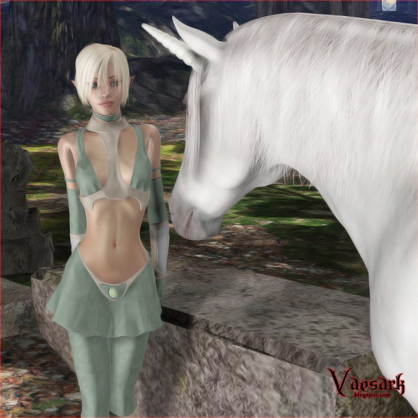 blonde_hair elf equine female hair horn horse human male mammal navel unicorn vaesark