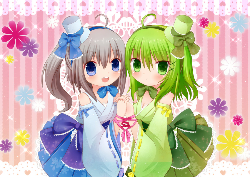 :o absurdres ahoge alternate_costume alternate_headwear bad_id bad_pixiv_id blue_eyes breasts cleavage detached_sleeves flower green_eyes green_hair hair_ribbon hakama_skirt hat hat_ribbon head_to_head highres himetsuki_luna holding_hands interlocked_fingers lace_border looking_at_viewer medium_breasts mononobe_no_futo multiple_girls neck_ribbon open_mouth ponytail ribbon short_hair side_ponytail silver_hair soga_no_tojiko sparkle striped striped_background top_hat touhou vertical-striped_background vertical_stripes wrist_ribbon