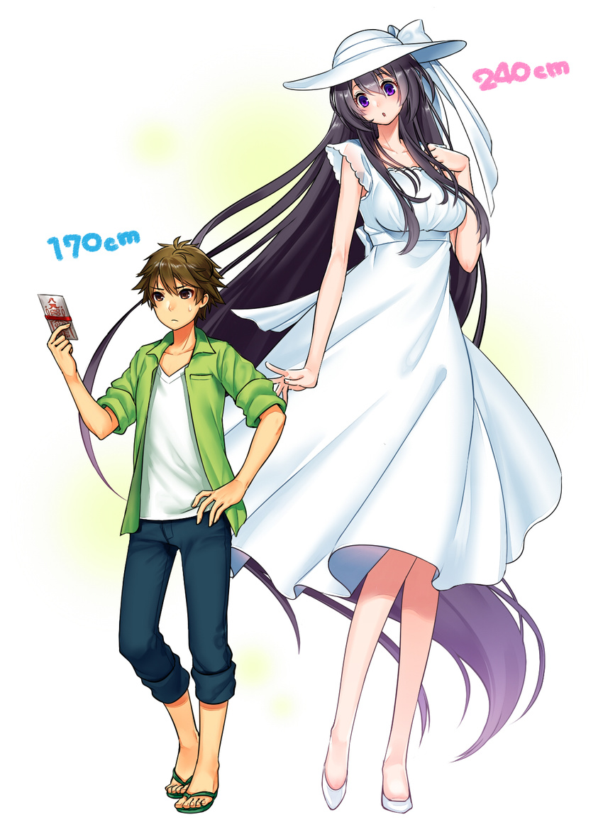 1girl 2ch absurdly_long_hair black_hair blush breasts brown_eyes brown_hair dress giantess hasshaku-sama hat height_difference highres ko-on_(ningen_zoo) large_breasts long_hair open_mouth purple_eyes sandals sun_hat sundress tall very_long_hair