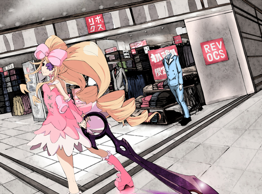 big_hair blonde_hair boots bow clothes dress drill_hair eyepatch hair_bow harime_nui kill_la_kill kodomono_onryou long_hair mannequin pink_bow scissor_blade shop smile solo spoilers twin_drills twintails weapon wrist_cuffs