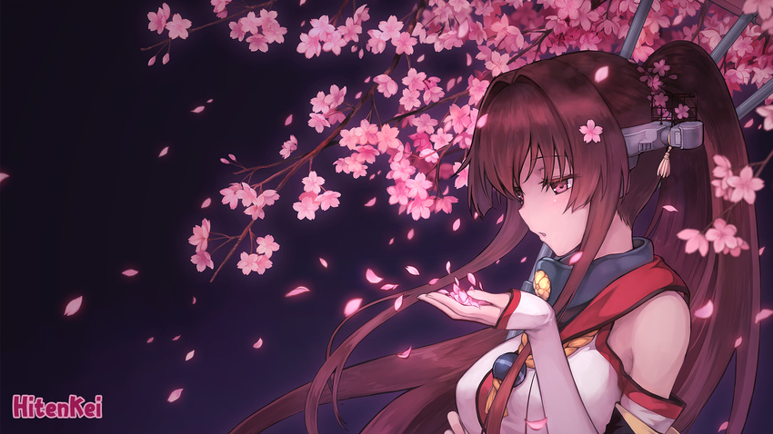 bad_id bad_pixiv_id blowing brown_hair cherry_blossoms highres hiten_(hitenkei) kantai_collection long_hair long_sleeves petals pink_eyes ponytail solo upper_body yamato_(kantai_collection)