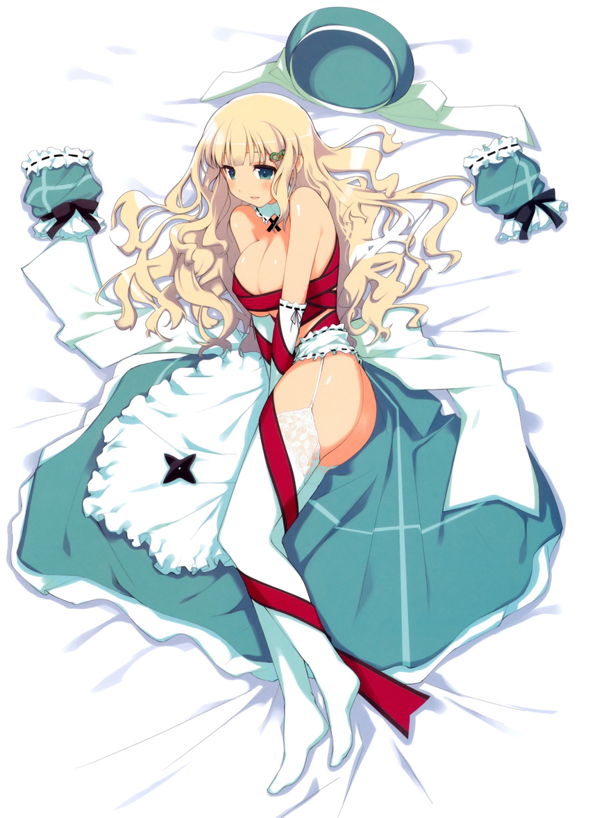 absurdres ass bare_shoulders bed bed_sheet beret blonde_hair blue_dress breasts cleavage detached_collar dress dress_removed elbow_gloves flat_ass from_above from_side garter_straps gloves green_eyes hair_ornament hairclip hat hat_removed headwear_removed highres large_breasts legs long_hair lying naked_ribbon official_art on_bed on_side ribbon senran_kagura senran_kagura_shoujo-tachi_no_shin'ei shirt_removed thighhighs thighs white_legwear yaegashi_nan yomi_(senran_kagura)