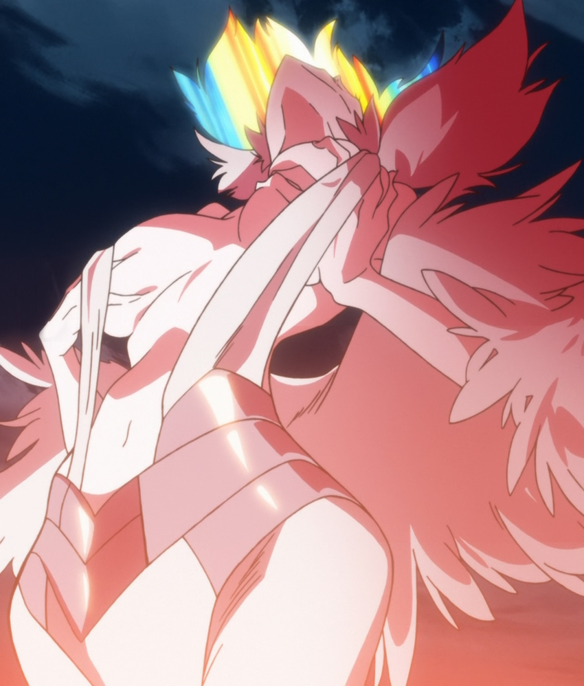 breast_hold breasts dress highres kill_la_kill kiryuuin_ragyou large_breasts mature multicolored multicolored_hair navel rainbow_hair screencap self_fondle short_hair solo stitched third-party_edit