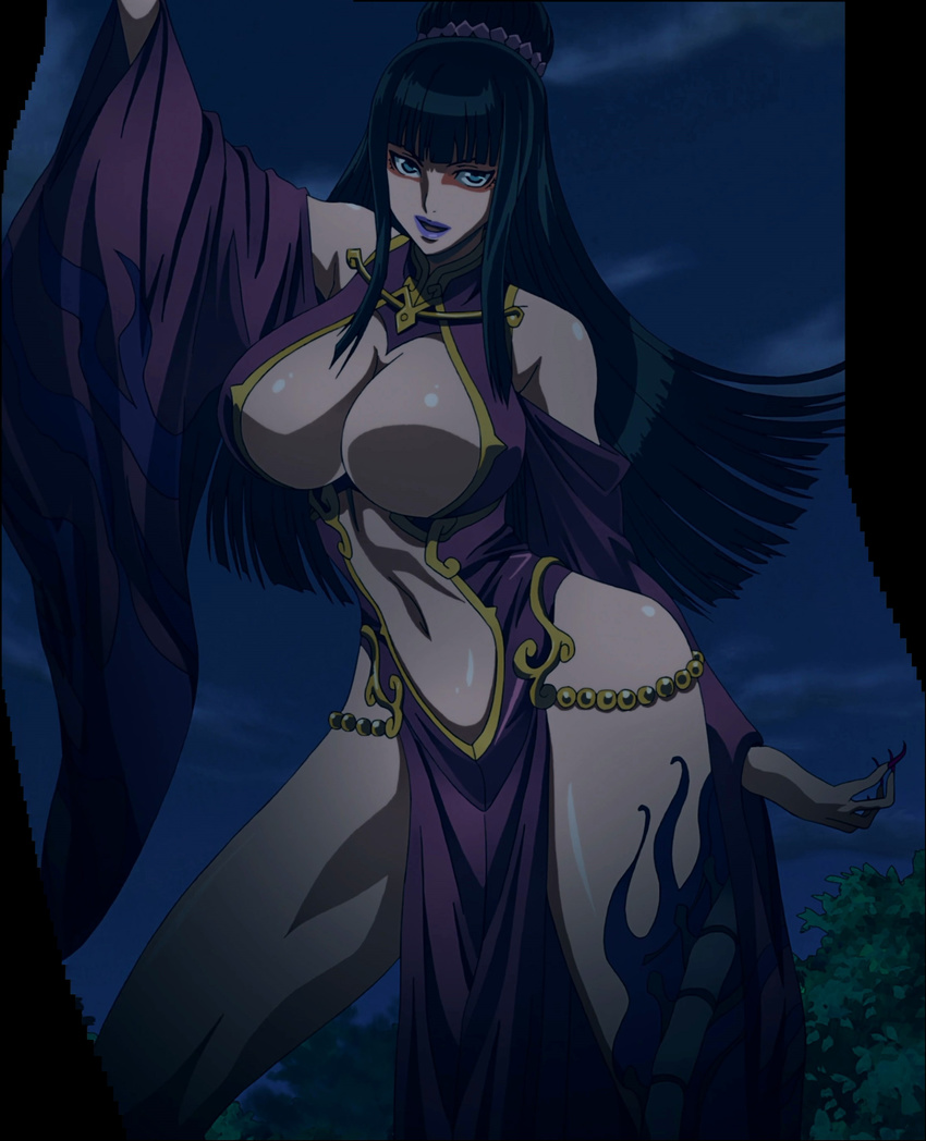 1girl black_hair blue_eyes breasts center_opening cleavage fuuun_ishin_dai_shogun highres houkouin large_breasts lipstick long_hair makeup nail_polish solo standing stitched