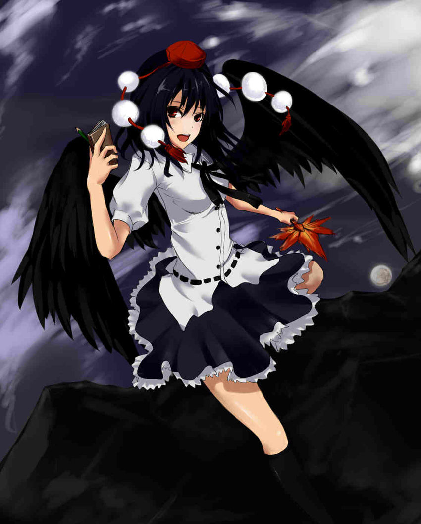 bad_id bad_pixiv_id bird_wings black_hair black_legwear blouse cloud fan flying folded_leg full_moon hat highres kneehighs looking_at_viewer moon mountain notebook open_mouth pencil pom_pom_(clothes) puffy_short_sleeves puffy_sleeves red_eyes ribbon shameimaru_aya short_hair short_sleeves skirt smile solo sumiko_(aomorinojunko) tokin_hat touhou wings