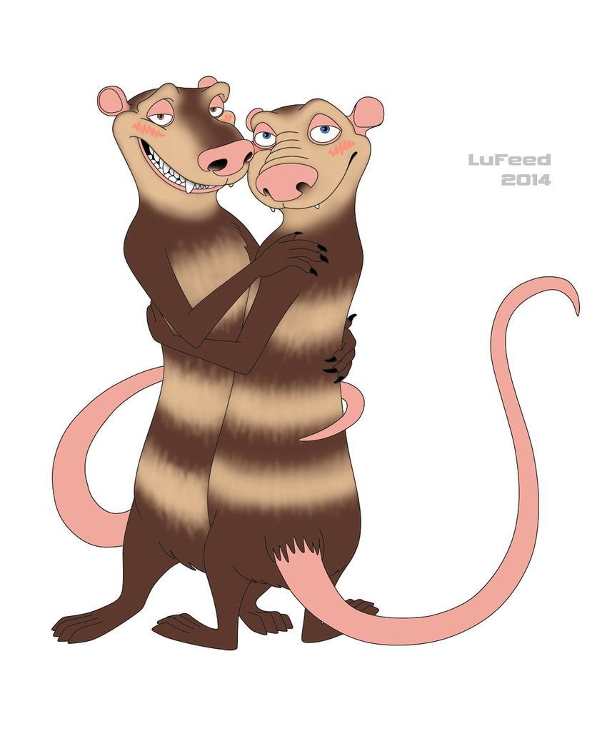 ambiguous_gender anthro blue_eyes blush brothers butt claws crash crash_(ice_age) duo eddie eddie_(ice_age) gay ice_age incest looking_at_viewer lufeed male mammal marsupial nude opossum plain_background pose sibling smile standing submissive suggestive teeth young