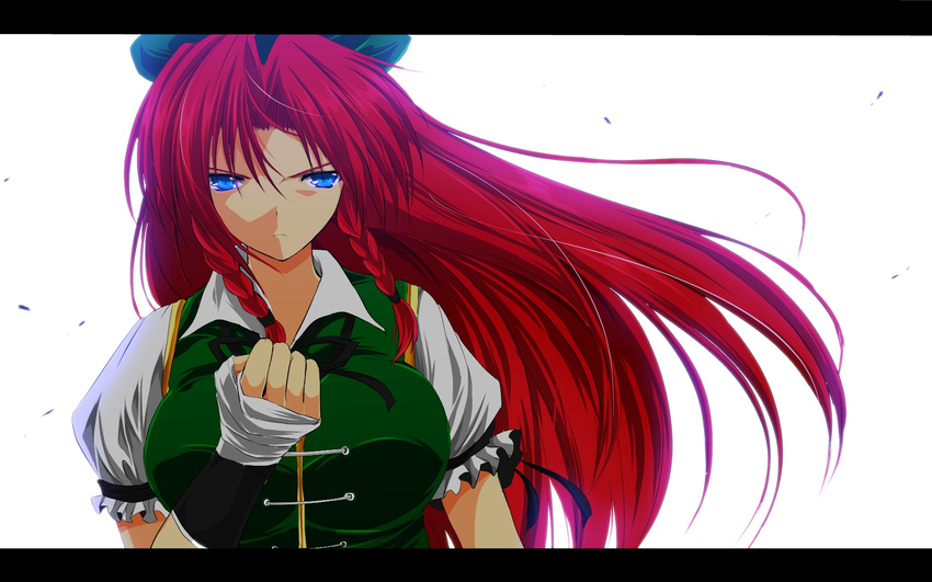 backlighting blue_eyes braid breasts dress fingerless_gloves gloves green_dress hat highres hong_meiling large_breasts letterboxed long_hair looking_at_viewer nekominase puffy_sleeves raised_fist red_hair shirt short_sleeves solo touhou twin_braids upper_body very_long_hair white_gloves