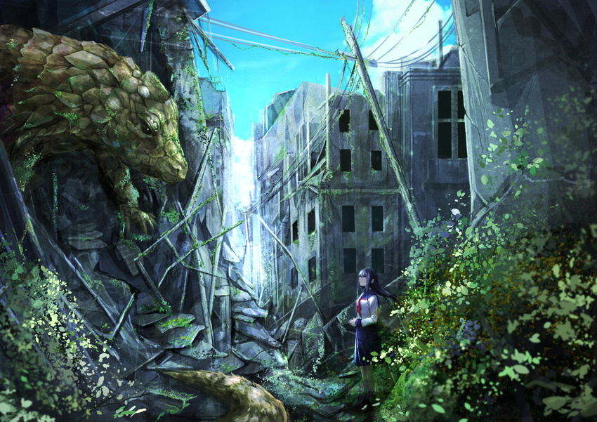 day koruse monster original outdoors overgrown post-apocalypse ruins scenery school_uniform solo