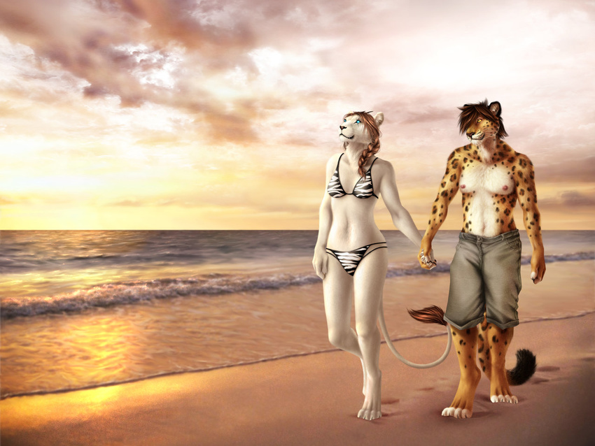 all_fours breasts cutie_mark duo edit feline female fur hair hand_holding jocarra lion lion_tail long_hair male mammal mixed_media photo_manipulation sea seaside smile standing summer tails walking water