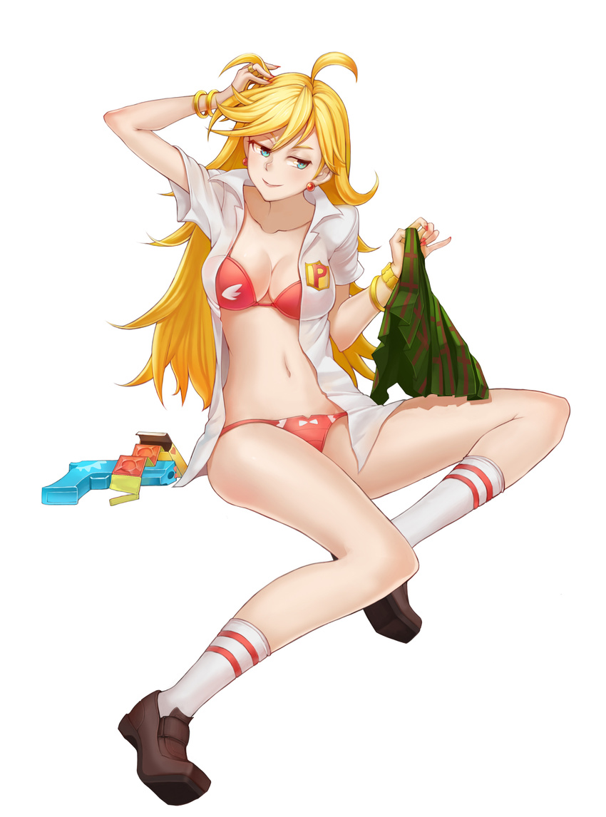 ahoge bad_id bad_pixiv_id blonde_hair blue_eyes bra bracelet breasts c2note cleavage condom earrings fingernails gun hand_in_hair highres jewelry large_breasts loafers long_fingernails long_hair looking_away nail_polish navel open_clothes open_shirt panties panty_&amp;_stocking_with_garterbelt panty_(psg) shirt shoes skirt skirt_removed smile socks solo underwear weapon