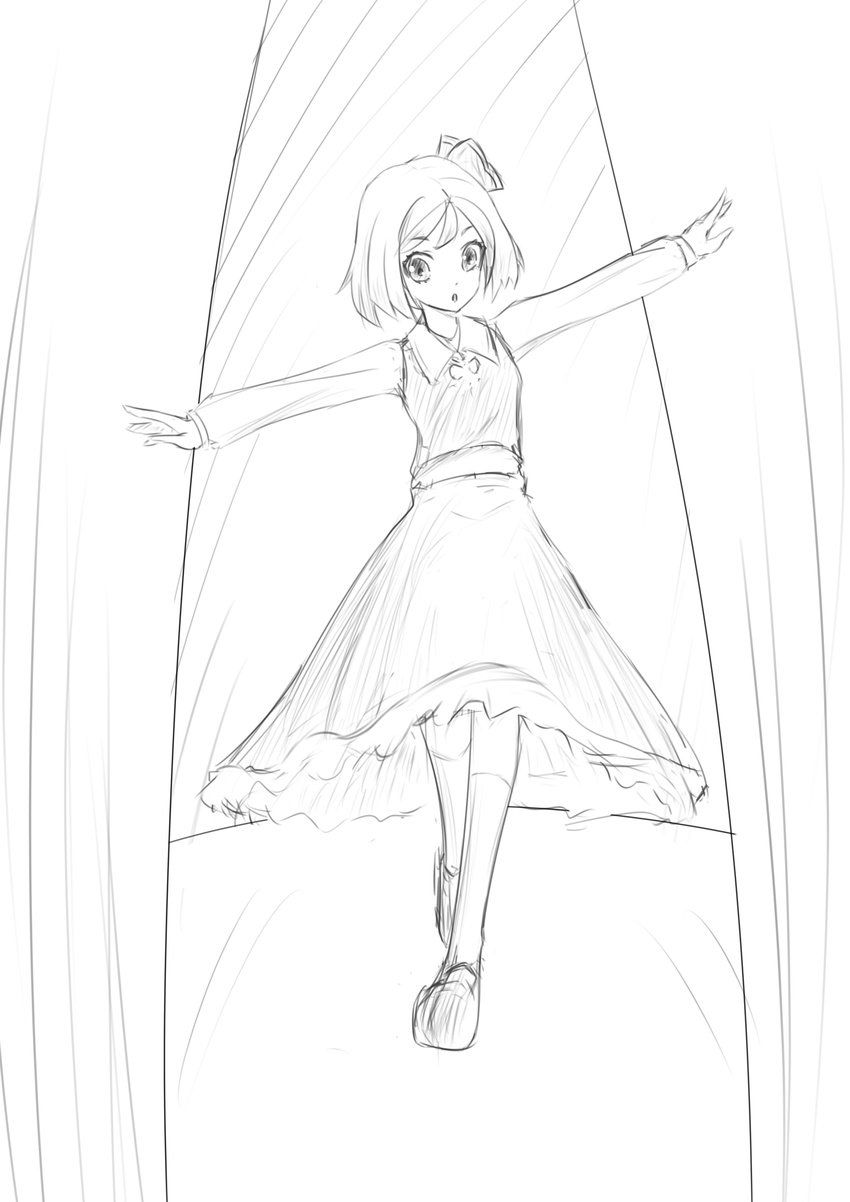 :o absurdres blouse frilled_skirt frills greyscale hair_ribbon highres monochrome outstretched_arms ribbon rumia short_hair sketch skirt spread_arms touhou uncle_dean vest