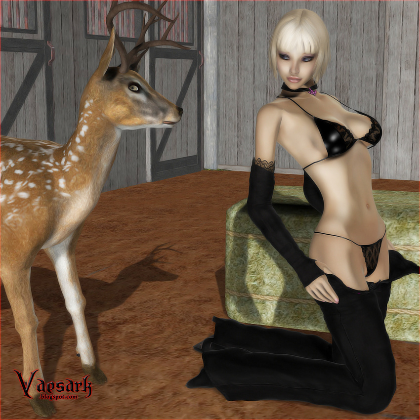 antlers bestiality blonde_hair cervine clothed clothing deer female feral hair horn human interspecies male mammal navel straight undressing vaesark