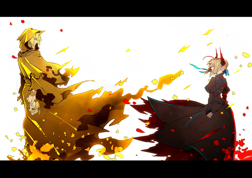 1girl ahoge artoria_pendragon_(all) bad_id bad_pixiv_id blonde_hair cloak crossover cthulhu_mythos dress fate/zero fate_(series) gilgamesh highres horns jewelry king_in_yellow letterboxed lilin99jh mask necklace saber