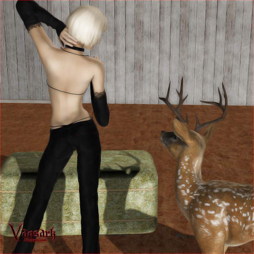 antlers blonde_hair cervine clothed clothing deer female hair horn human male mammal straight vaesark