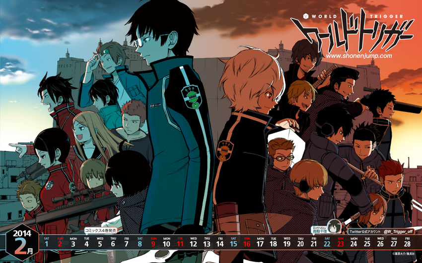 4girls 6+boys ahoge amatori_chika arashiyama_jun arashiyama_unit ashihara_daisuke bagworm_(world_trigger) black_hair blonde_hair blue_eyes bob_cut border_(world_trigger) border_uniform bowl_cut brown_hair calendar_(medium) cloak copyright_name elbow_gloves everyone february flak_jacket fuyushima_unit glasses gloves green_eyes gun happy izumi_kouhei jacket jin_yuuichi karasuma_kyousuke kazama_souya kazama_unit kikuchihara_shirou kitora_ai kizaki_reiji kodera_shouhei konami_kirie kuga_yuuma long_hair mikumo_osamu mikumo_unit miwa_shuuji miwa_unit multiple_boys multiple_girls narasaka_touru orange_hair pointing purple_eyes red_eyes red_hair ribbed_sweater rifle satori_ken school_uniform serafuku serious shounen_jump shueisha smile sniper_rifle sunglasses sweater tachikawa_kei tachikawa_unit tamakoma_branch tamakoma_first tokieda_mitsuru touma_isami trigger_(world_trigger) utagawa_ryou_(world_trigger) wallpaper weapon weekly_shounen_jump white_hair world_trigger yoneya_yousuke