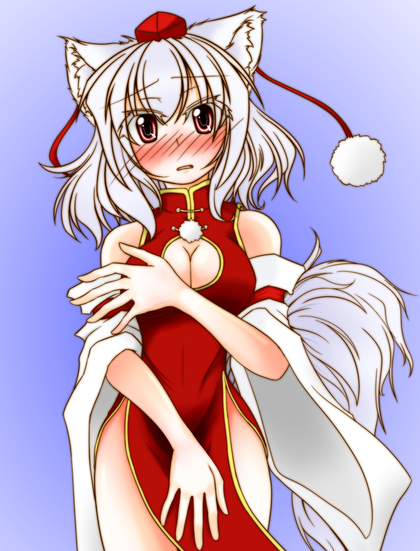 alternate_costume animal_ears bare_shoulders blush breasts china_dress chinese_clothes cleavage cleavage_cutout detached_sleeves dress embarrassed fang hat highres inubashiri_momiji konoe_yuu large_breasts long_hair looking_at_viewer pom_pom_(clothes) red_eyes silver_hair solo tail tokin_hat touhou wolf_ears wolf_tail