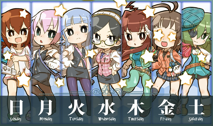 ahoge antenna_hair black_hair blue_hair brown_hair cake casual chaki_(teasets) controller double_bun eyepatch failure_penguin food game_console game_controller glasses gloves hair_ornament hairband hamburger hat hatsukaze_(kantai_collection) highres ikazuchi_(kantai_collection) kantai_collection kirishima_(kantai_collection) kiso_(kantai_collection) kuma_(kantai_collection) long_hair multiple_girls naka_(kantai_collection) nintendo open_mouth pantyhose pink_hair school_uniform shiranui_(kantai_collection) short_hair skirt star wii