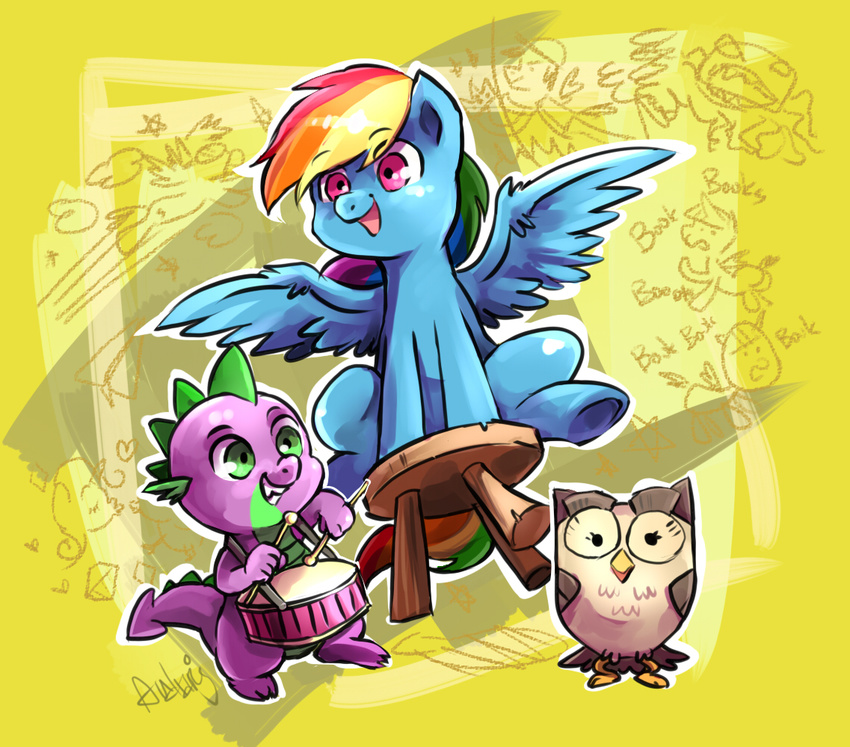 audrarius avian blue_fur dragon drum drumsticks equine female friendship_is_magic fur green_eyes group hair horse male mammal multi-colored_hair my_little_pony open_mouth owl owlowiscious_(mlp) pegasus pink_eyes pony purple_scales rainbow_dash_(mlp) smile spike_(mlp) stool wings