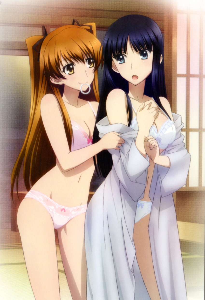 :o absurdres artist_request blue_eyes blue_hair blush bra breasts brown_hair cleavage collarbone contrapposto cowboy_shot d: highres indoors japanese_clothes kimono long_hair looking_at_viewer medium_breasts mouth_hold multiple_girls ogiso_setsuna open_mouth panties pink_bra pink_panties scan smile standing touma_kazusa twintails underwear underwear_only very_long_hair white_album_2 white_bra white_panties window yellow_eyes yukata