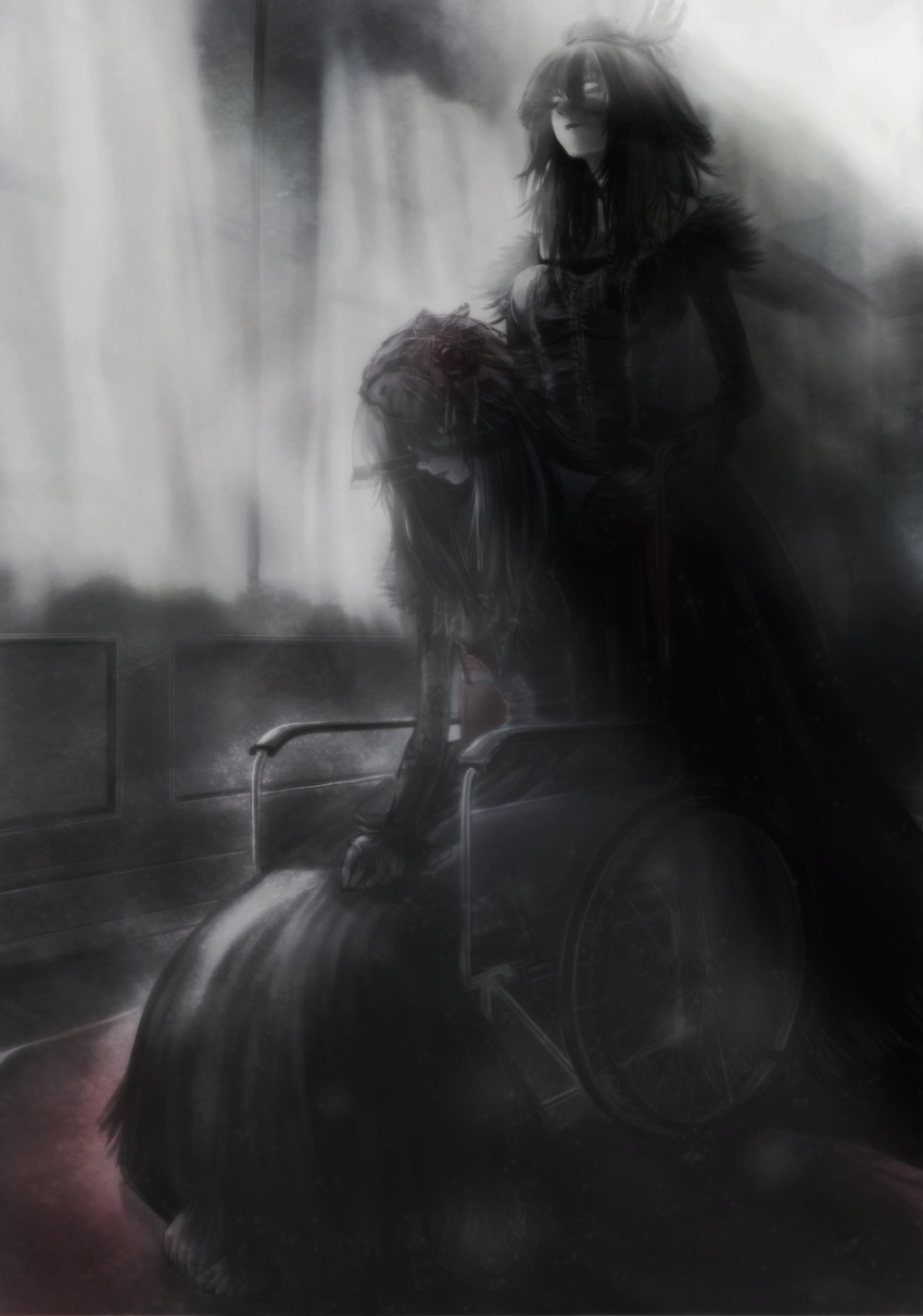 bad_id bad_pixiv_id barefoot black_dress black_hair curtains dark doll dress fatal_frame fatal_frame_4 gauss_&lt;counting_on_more_blur head_down highres holding indoors long_hair long_sleeves no_pupils pale_skin sendou_kageri sitting standing veil veil_over_eyes watashi_(fatal_frame) wheelchair white_eyes window